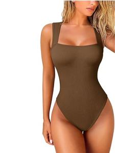 Maillot de bain une pièce tricoté noir à col carré pour femmes, taille haute, sans manches, couleur unie, séchage rapide - Product Image 4