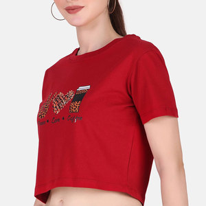 Women's <b>Red</b> <b>Crop</b> <b>Top</b> Crew Neck Short Sleeve Printed Peace Love Coffee Design Casual Spring Summer Wear - Product Image 2