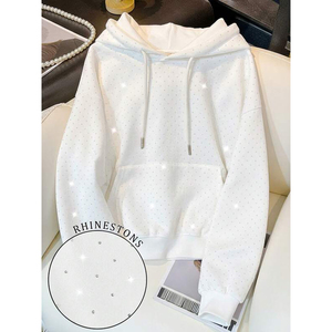 400GSM Cotton Fleece Sweats à capuche pour femmes White Rhinestone Pullover Sweatshirt Long Sleeve Soft Streetwear Winter Top Manufacturer - Product Image 1
