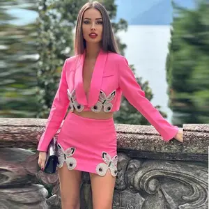 High Quality Fashion Long Sleeve Lapel Suit Cropped Top Model 2024 Elegant High Waist Skirt Suit Slim Party Dress