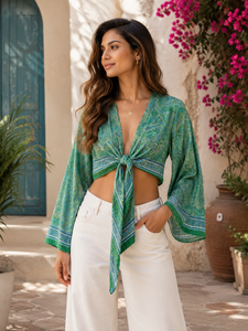 Blusa Holgada con Estampado Paisley y Cuello en V para Mujer, Estilo Bohemio, Manga Kimono, Blusa Cruzada de Seda para Primavera/Verano - Product Image 1