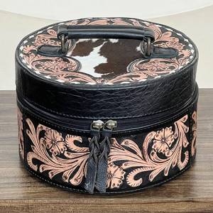 Boîte à bijoux ronde en cuir de vache véritable, entièrement travaillée à la main, avec embossage floral, style vintage, durable, pour le rangement des bijoux - Product Image 4