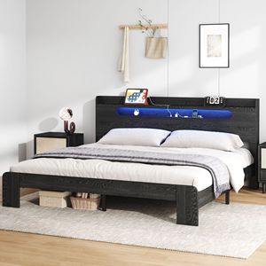 Letto Matrimoniale King Size con Struttura in Legno, Testiera Illuminata a LED e 2 Porte USB, Silenzioso, Senza Necessità di Rete a Doghe, con Vano Contenitore Integrato - Product Image 1