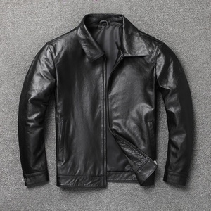 Delicate Calfskin Genuine <b>Leather</b> Men's <b>Jacket</b>-Regular Slim-Fit Stand Collar Smart Lapel Plus-Size Varsity <b>Jacket</b> Front Logo - Product Image 4