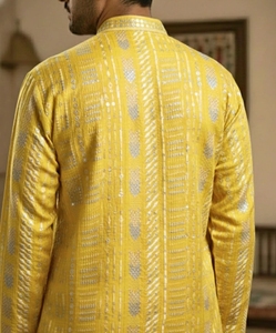 Yellow Traditional Unisex 100% Cotton Woven Mandarin Collar Full Sleeve Shirt Faux <b>Fur</b> Embroidered Button Front Knee Length - Product Image 4