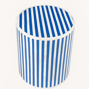 Mesa Auxiliar Redonda Azul y Blanca con Base Dorada, Hecha a Mano con Incrustaciones y Rayas – Mesa Moderna - Product Image 3