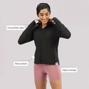Haut de yoga noir à manches longues, col montant, fermeture éclair sur le devant avec poches, respirant, couleur unie, vêtements de sport - Product Image 3