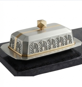 Beurrier Art Déco en argent avec couvercle incrusté d'or, hermétique, vaisselle de table, accessoire de cuisine moderne et luxueux - Product Image 3