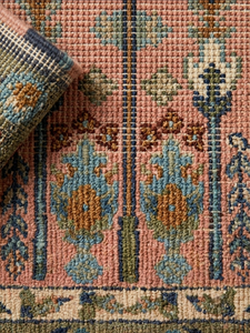 Tapis noué à la main Oushak rose et vert, abstrait, en laine/soie, adapté aux animaux domestiques, antidérapant, très résistant, à poils fins et moyens, en coton - Product Image 2