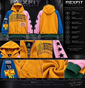 Sweat à capuche zippé surdimensionné personnalisé pour homme, en molleton épais, avec patchwork, graphisme en strass et patchs sur les manches, style streetwear - Product Image 6