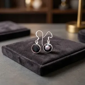 Boucles d'oreilles en argent sterling 925 avec onyx noir facetté |   Boucles d'oreilles en onyx noir naturel - Product Image 2
