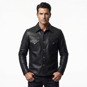 Custom <b>Men's</b> Genuine Lambskin Leather <b>Shirt</b> Jacket <b>Western</b> Style Snap Button Shacket Black Trucker Leather for <b>Men</b> - Product Image 3
