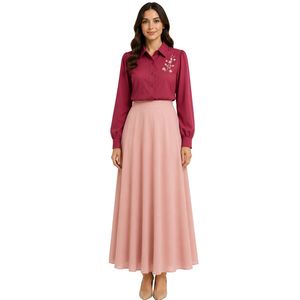 Ensemble chemisier et jupe longue brodés pour femme, bordeaux et rose poudré, manches longues, boutonnage, taille haute, tenue modeste deux pièces - Product Image 1