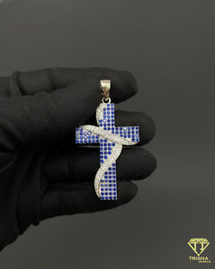 Pendentif Croix Iced Out avec Pierres Bleues, Diamant Moissanite Hip Hop, Luxe pour Hommes, Breloque Croix Hip Hop, Pendentif Moissanite - Product Image 1