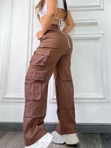 Pantalon cargo taille haute à jambes larges, plusieurs poches, taille élastique, style décontracté, automne, homme, polyester, coton, toile, poids moyen, OEM - Product Image 5