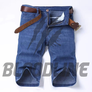 Men's Dark Blue Denim Bermuda Shorts Mid Waist Zipper Fly Casual Style With Pockets Woven Cotton <b>Fabric</b> - Product Image 4