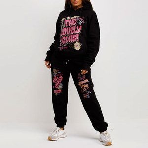 Ensemble jogging en molleton noir pour femme The Lovely Club, imprimé streetwear, manches longues, coupe ample, toutes saisons, ensemble 2 pièces - Product Image 2