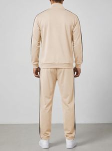 Ensemble de survêtement beige pour homme, manches longues, col montant, taille élastique, tenue décontractée d'automne, 100 % polyester, couleur unie, coupe classique - Product Image 5