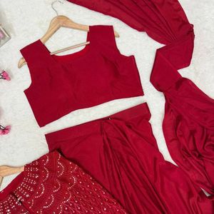 Karva Chauth Chinon Silk Floor-Length Jacket Koti Lehenga Saree Set Zari Thread Embroidery Ready Wear Blouse Festive Party Wear - Product Image 3