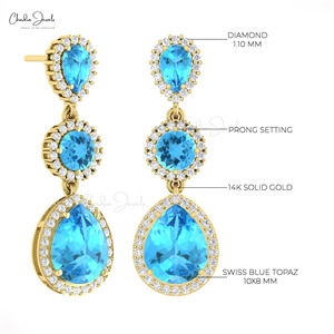 Three Stone Halo <b>Earrings</b> 6.14 CTW Prong Set Swiss Blue Topaz & Diamond Dangling Drop <b>Earrings</b> with Solid 14k Gold Wholesale Lot - Product Image 5
