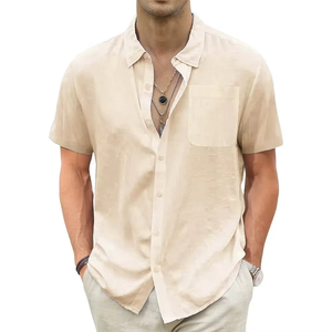 Men's Lightweight Cotton Linen <b>Hawaiian</b> Shirts Breathable Short Sleeve Casual Summer <b>Tops</b> for Beach Vacation Solid Pattern - Product Image 4