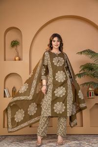 Traditional <b>Indian</b> Women's Brown Cotton Digital Print Quick Dry Knee-Length <b>Kurta</b> Set Regular Fit Casual Wear All Seasons - Product Image 5