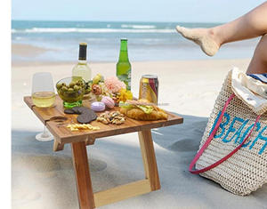 Table de pique-nique extérieure pliante en bois d'acacia portable haute durabilité avec plateau à vin Table à manger ou de cuisine pliable - Product Image 1