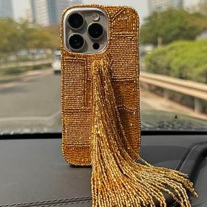 Funda de Teléfono Hecha a Mano con Cuentas, Estilo Bohemio, Plateada y Dorada, con Decoración de Borlas, para Apple, Todas las Temporadas, Estilo Moderno - Product Image 2