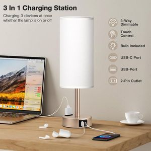 Lampada da Comodino Dimmerabile a 3 Modalità Bianco Antico con Porte di Ricarica USB-C e Presa AC, Lampada da Scrivania Piccola Oro BA - Product Image 3