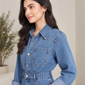 Womens Denim Overalls High Waist Wide Leg Button Front Loose Fit Casual Spring Style Stonewashed Cotton <b>Jumpsuit</b> - Product Image 2