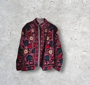 Elegante Chaqueta de Terciopelo Bordada para Mujer, con Estampado Floral, Cuello Alto, Manga Larga, Estilo Bohemio Otoñal, Frente Abierto, Color Granate - Product Image 4