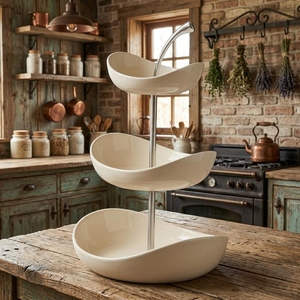 Élégant support à gâteau blanc à trois niveaux avec des bols incurvés, une tige de support en métal argenté poli et une poignée supérieure incurvée pour le service - Product Image 4