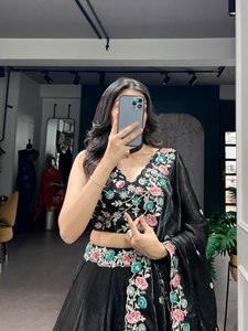 Traditional LooKBlack Fendy Party Wear Lehenga With Thread Embroidery Work Blouse - Product Image 6