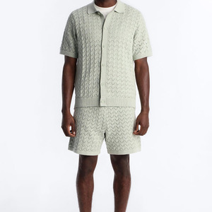 2026 Summer Sage Green Crochet 2Piece <b>Set</b> Men's Casual Streetwear Outfits V-Neck Short Sleeve T-Shirt and <b>Knitted</b> Shorts <b>Sets</b> - Product Image 1