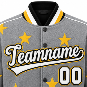 Veste universitaire grise pour homme avec étoiles jaunes, nom d'équipe personnalisé, lettres et numéros, fermeture à boutons, manteau de baseball d'hiver coupe-vent réversible - Product Image 3
