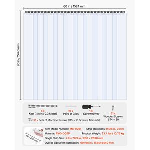 Tenda a Strisce in PVC Trasparente 96 Altezza x 60 Larghezza x 0,08 Spessore, 10 Pezzi, per Porte Industriali di Congelatori e Cella Frigorifera, Strisce Lisce W - Product Image 2