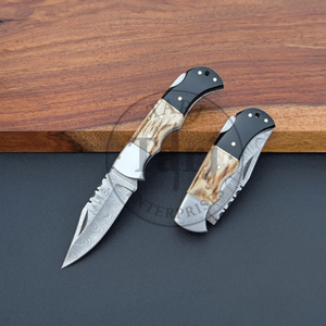 Handmade Damascus Steel Drop Point Folding Knife Set Wooden Resin Handle Industrial Grade Pocket Knife Leather Sheath <b>Fire</b> - Product Image 4