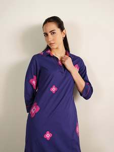 Blue Floral Embroidered <b>Maxi</b> <b>Dress</b> With Three Quarter Sleeves Loose Fit Casual Daily Wear Cotton Bamboo Fiber Woven Hand Embroid - Product Image 3