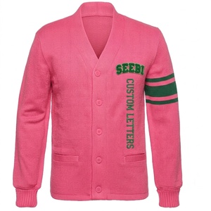 Cardigan universitaire unisexe violet à col en V pour homme, en chenille acrylique, double boutonnage, style Letterman, ouvert sur le devant - Product Image 5