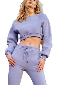 Women Solid Color Cotton Tracksuit Set Crew Neck <b>Crop</b> <b>Top</b> Jogger Pants With Drawstring Side Pockets Casual Spring Wear - Product Image 2