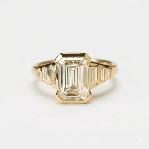 2CT Emerald Cut Lab Grown Diamond Half Bezel Set <b>Ring</b> Baguette Cut Pave Band <b>Ring</b> 14K Gold Engagement <b>Ring</b> Retro Bridal Jewelry - Product Image 1