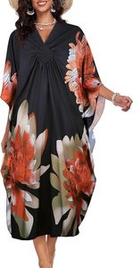 Floral Print Chiffon Maxi Dress V-Neck Batwing Sleeve Loose Boho <b>Summer</b> Casual <b>Kaftan</b> Dress - Product Image 3