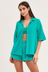 Ensemble de pyjama deux pièces en crêpe de coton de haute qualité, style français, avec haut court à manches courtes et col en V et pantalon long. - Product Image 6