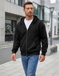 Sweat à capuche zippé personnalisable, best-seller, Hysaf Apparels Co, en molleton de coton noir, avec fermeture éclair YKK, coupe décontractée - Product Image 1
