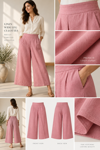 Pantalones Casuales de Mujer de Lino y Algodón Rosa, Cintura Media, Corte Holgado, Cintura Elástica, Bolsillos, Pierna Ancha, Tejido Liso, Largos, para Verano - Product Image 6