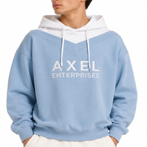 Men Hoodie Light Blue White Color <b>Block</b> Soft Casual Style Front Back Detail Modern Streetwear Look Custom Factory Production - Product Image 2