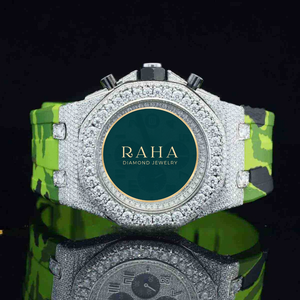 Bracelet de montre de luxe pour homme en acier inoxydable avec boucle diamantée 20 mm, motif camouflage vert et noir, mouvement à quartz, moissanite et saphir - Product Image 1