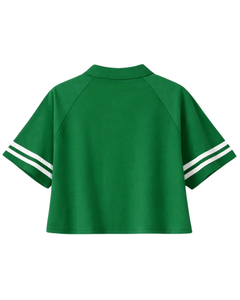 เสื้อโปโลครอปสีเขียวแบบกำหนดเองสำหรับผู้หญิง แขนเสื้อแบบแร็กแลน ลายทาง แขนเสื้อลายทาง เสื้อผ้าฝ้ายลำลอง กระดุมติดหน้า ซัมเมอร์ สตรีทแวร์ - Product Image 5