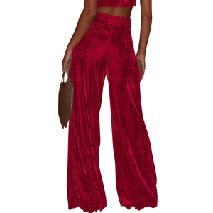 <b>Womens</b> Velvet <b>Summer</b> Mid Waist Flat Front Straight Loose Fit Wide Leg <b>Trousers</b> with Wholesale OEM ODM Support - Product Image 5