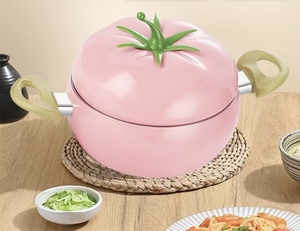 Pink Tomato Shaped Ceramic Cookware Set with Non Stick Frying <b>Pan</b> and Sauce <b>Pans</b> for <b>Induction</b> and Gas Stoves - Product Image 2